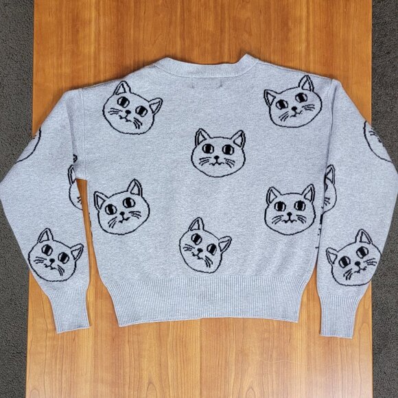 V-Neck Grey Cat Kitten Face Cropped Cardigan - XXS - Picture 8 of 12